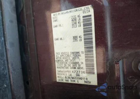 2014 Nissan Maxima 3.5 Sv z USA, uszkodzony, nr VIN 1N4AA5AP9EC472736